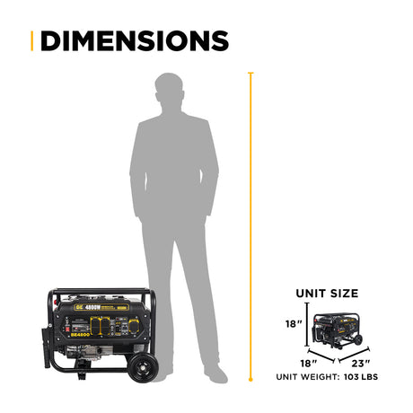 Generator size comparison with a person and dimensions on a white background