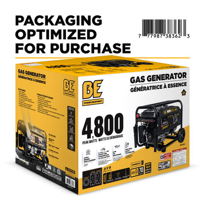 Box packaging of a gas generator with branding and specifications on a white background