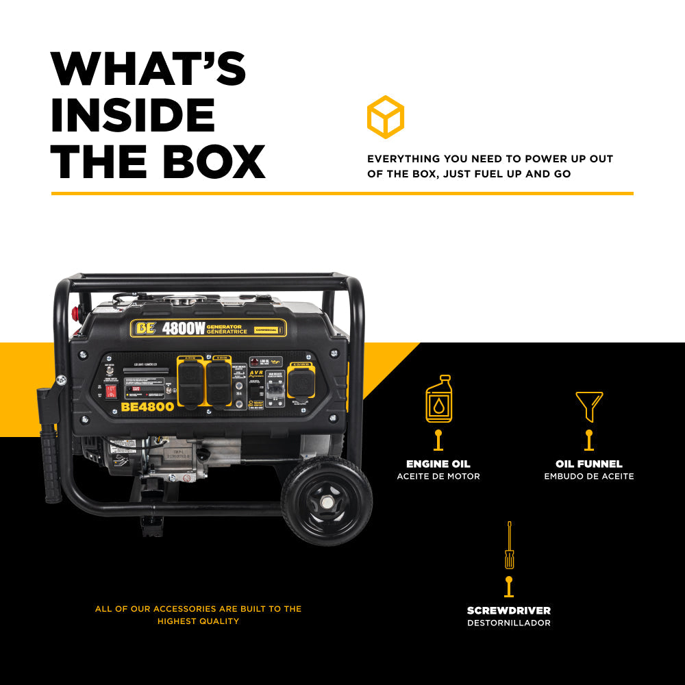 Generator with packaging design featuring text and icons on a black and white background