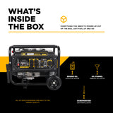 Generator with packaging design featuring text and icons on a black and white background