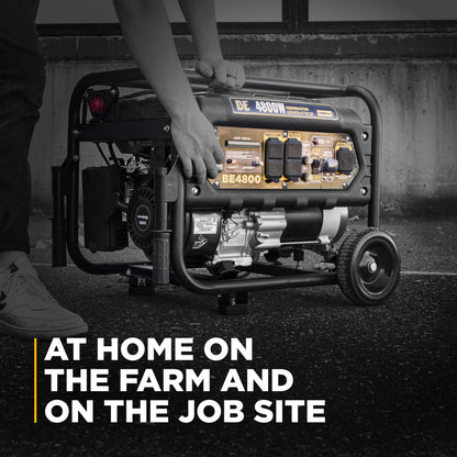 Person holding a portable generator with text 'At Home on the Farm and on the Job Site' below it.