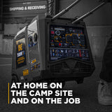 Portable power station with text 'At home on the camp site and on the job' in a workshop setting.
