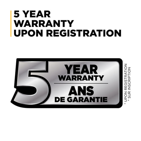 5 year warranty registration graphic with bilingual text on a white background