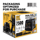 Dual Fuel electric start inverter generator packaging with BE logo on a white background