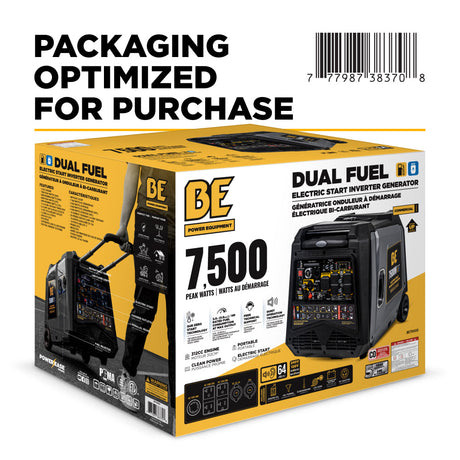 Dual Fuel electric start inverter generator packaging with BE logo on a white background