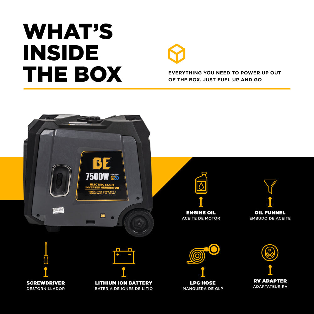 Portable generator with list of included items on a white and black background