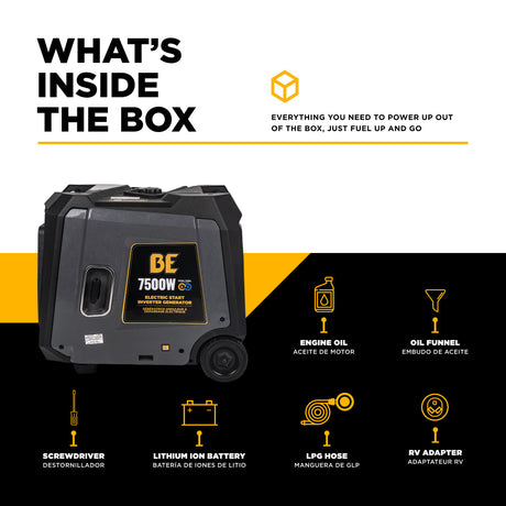 Portable generator with list of included items on a white and black background