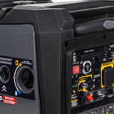 Close-up of a black portable generator with control panel details