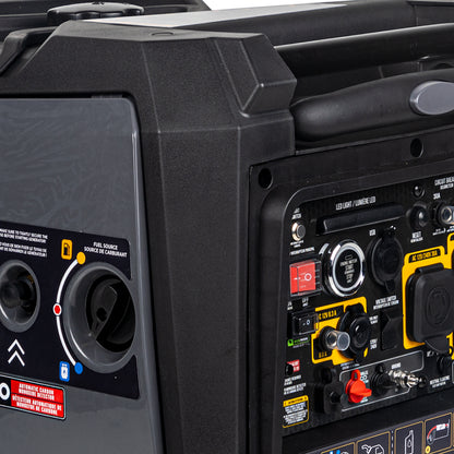 Close-up of a black portable generator with control panel details