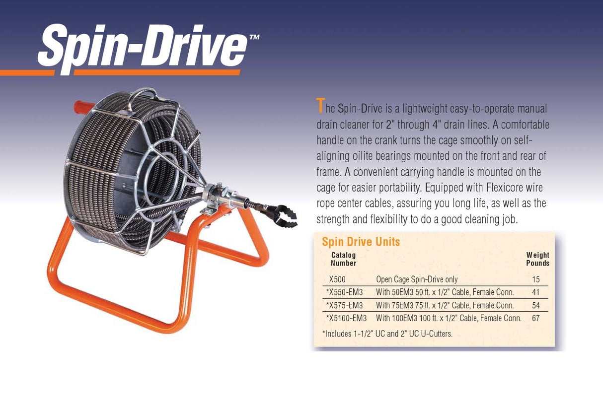 Drain Pipe Cleaners | Spin Drive 1/2"X50' Cable  X550-EM3 - HydroTech Pumps