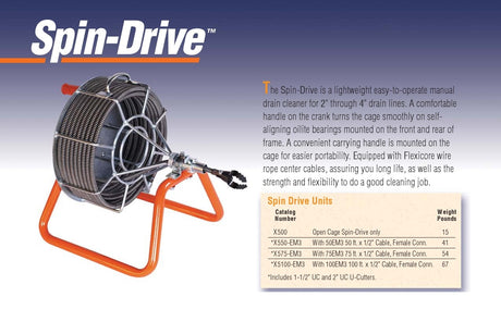 Drain Pipe Cleaners | Spin Drive 1/2"X50' Cable  X550-EM3 - HydroTech Pumps