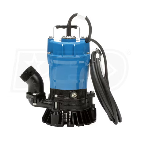 Blue and black submersible pump on a white background