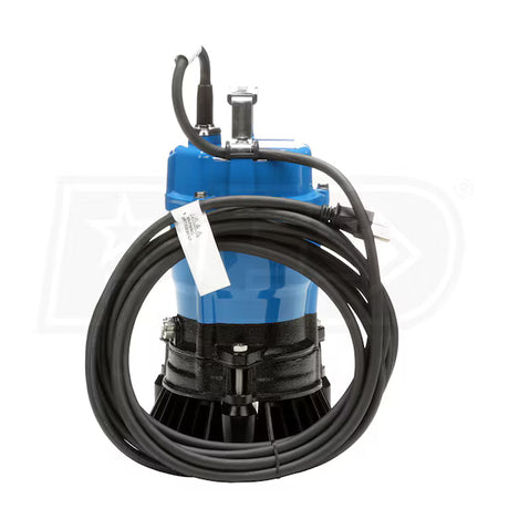 Blue submersible pump with black cable on a white background