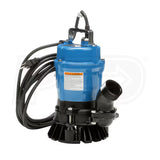 Blue and black submersible pump showing cable on a white background 