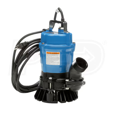 Blue and black submersible pump showing cable on a white background 