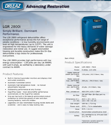 DRI-EAZ LGR 2800i refrigerant dehumidifier with specifications on a white background