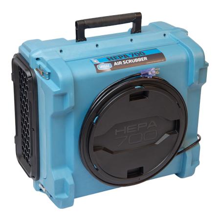 Blue air scrubber with black circular component on a white background