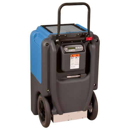 Blue and gray industrial dehumidifier on a white background back view