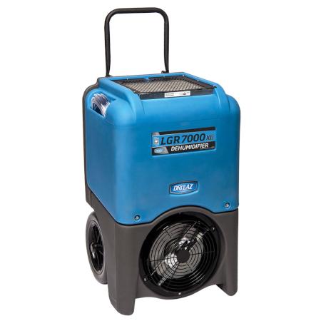 Blue dehumidifier with visible brand logo on a white background