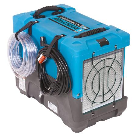 Blue and gray dehumidifier with hoses on a white background