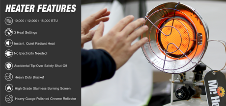 Heater with features listed on the left and a hand touching it on the right.