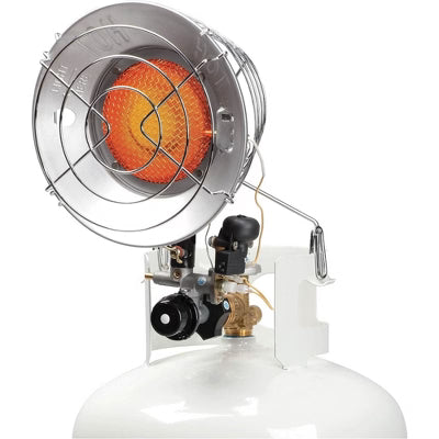 Portable heater with visible flame on a white background