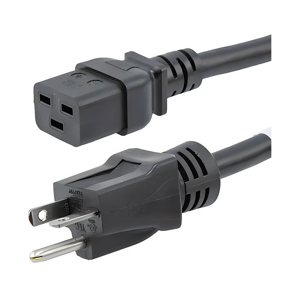 Black power cord with plug on a white background