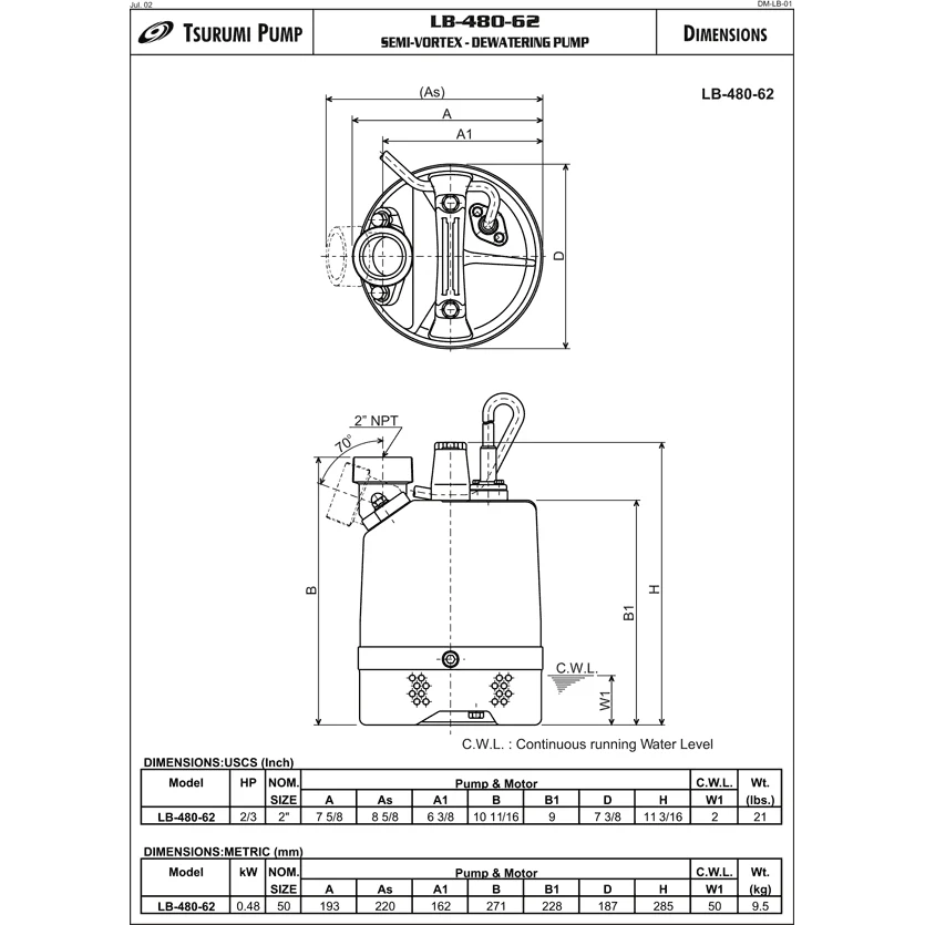 Technical drawing of a Tsurumi Pump LB-480-62 with dimensions and specifications.