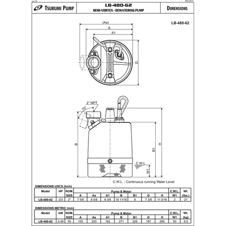 Technical drawing of a Tsurumi Pump LB-480-62 with dimensions and specifications.