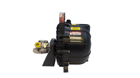 A black and yellow Pacer fluid transfer pump with 2-inch NPT inlet and outlet, featuring a hydraulic motor and chemical-resistant construction.