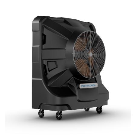 Black portable fan with 'Portacool' branding on a white background