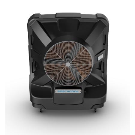 Black portable air conditioner with visible brand logo on a white background