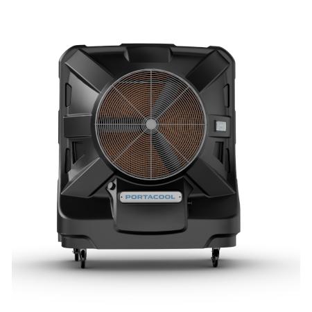 Black portable air conditioner with visible 'Portacool' branding on a white background