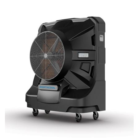 Black portable evaporative cooler with fan on a white background