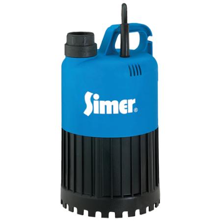 A Simer brand submersible water pump with blue and black color scheme, featuring a vertical discharge outlet and a portable design.