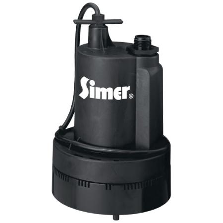 A black Simer submersible water pump with a 25-foot cord, designed for use in tight spaces or for emergency water management.