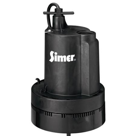 A black Simer submersible water pump with a 1/4 HP motor and 1-1/4'' MNPT discharge.